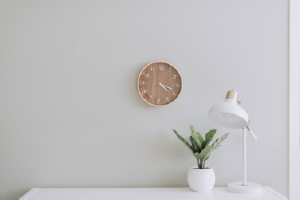 Wall with clock and plant